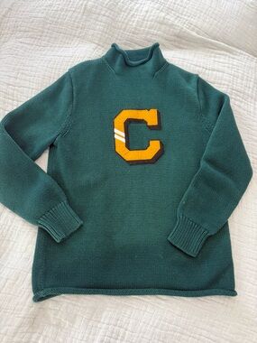 J. Crew Cotton Green Mock Neck Sweater with Yellow 'C' Patch EUC 1280